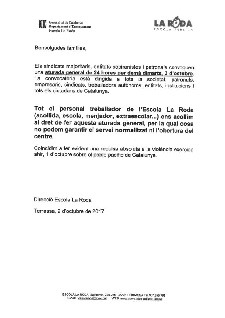 Comunicat direcció escola La Roda aturada 3 oct
